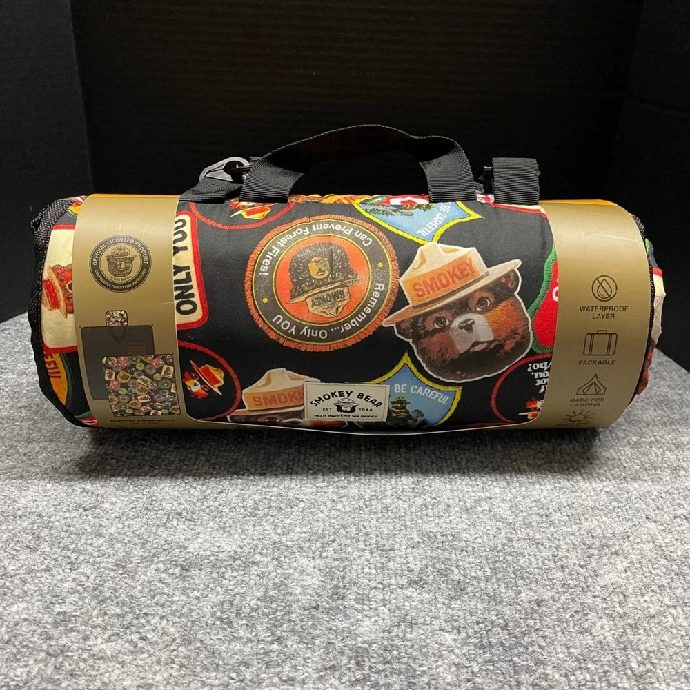 Smokey Bear Blanket 70x70 Waterproof Packable Printed Patchwork Picnic Camping